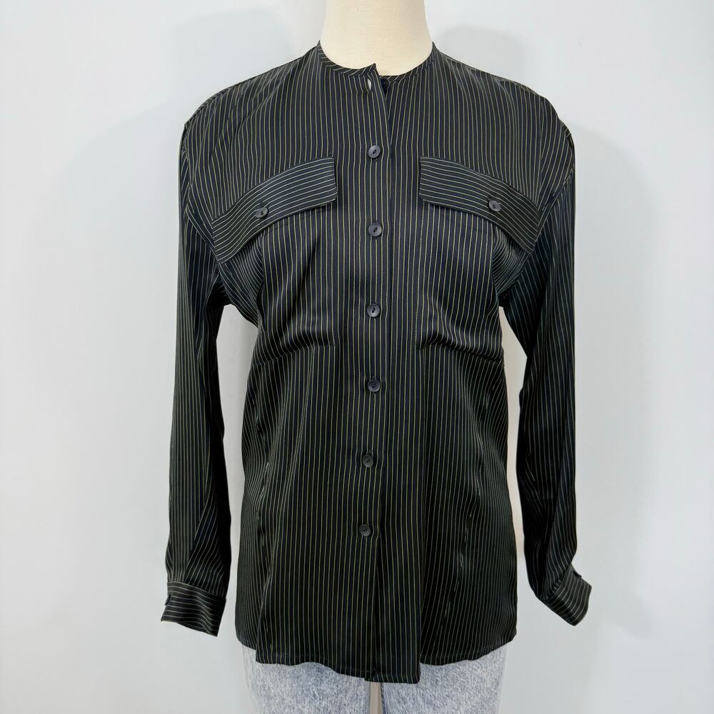 Escada Silk Button-Down Shirt Black/Green Striped Long Sleeves 34 (US 4) Vintage - Picture 2 of 12